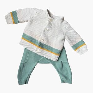 Tea Collection Baby Knit Cardigan & Pants Set 3-6M Green Stripe Modern Heirloom